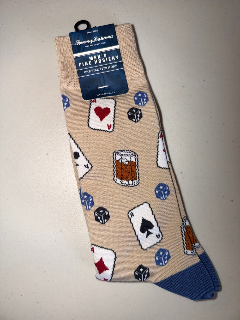 Tommy Bahama Beige Socks with Playing Cards, Dice & Whiskey Motif
